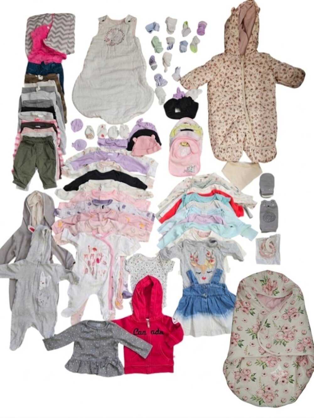Giant 59+ Pc Winter Baby Girl Bundle (0-3M) 2.3 TOG Sleep Sack Snowsuit Wrap